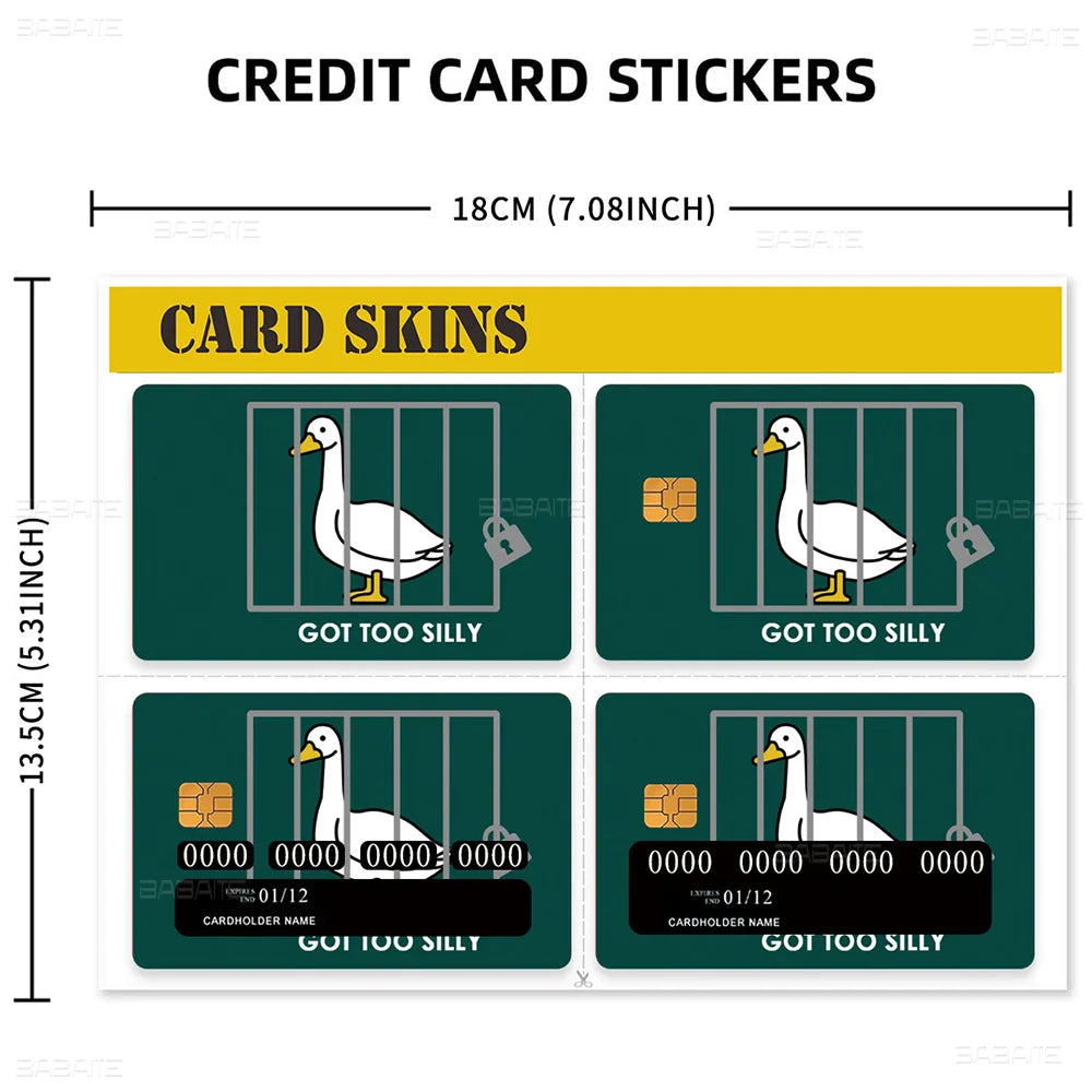 Credit card stickers featuring various designs including a white goose and numerical patterns