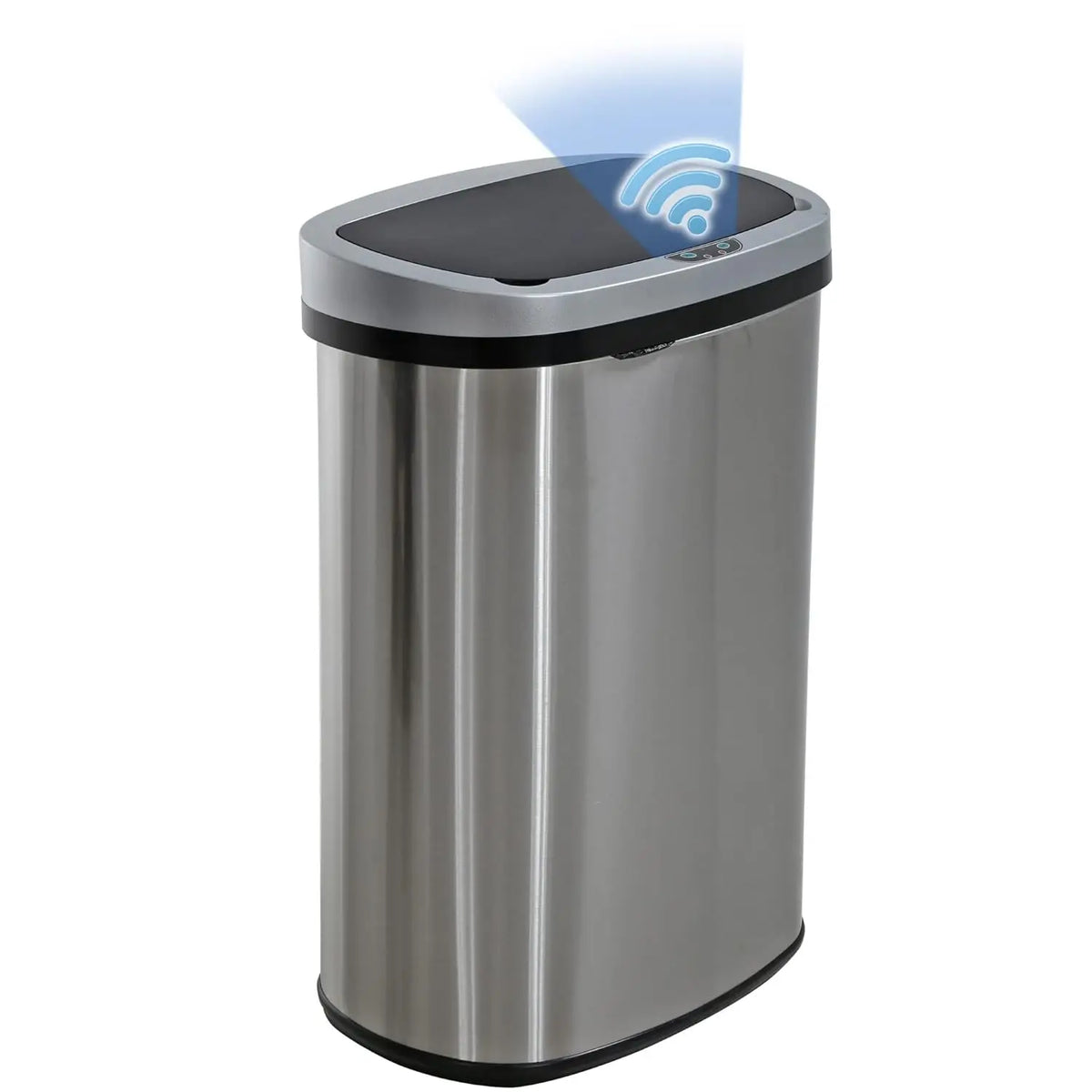A stainless steel automatic touchless trash can with a sensor light above the opening.