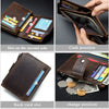 A brown leather wallet showing various card slots and a coin pocket in different positions.