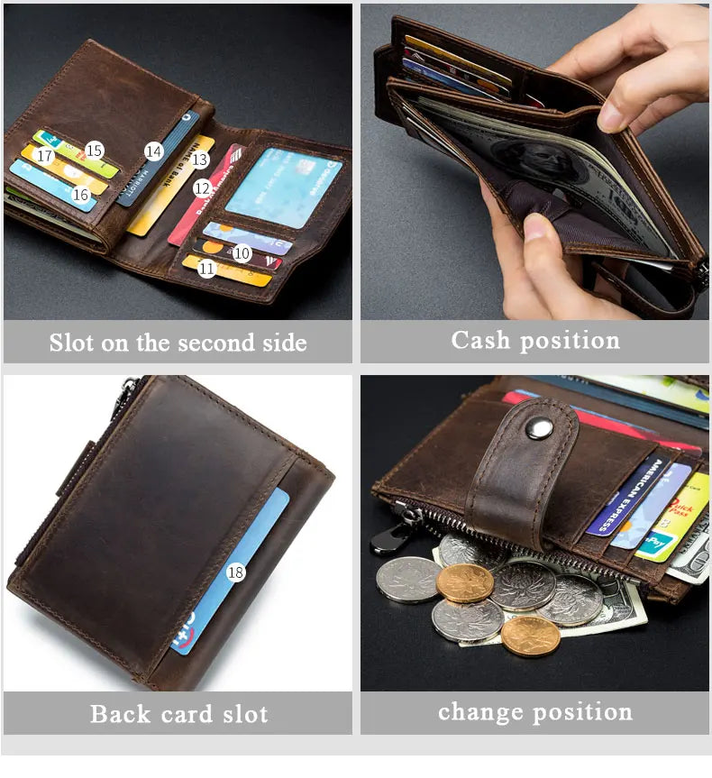 A brown leather wallet showing various card slots and a coin pocket in different positions.