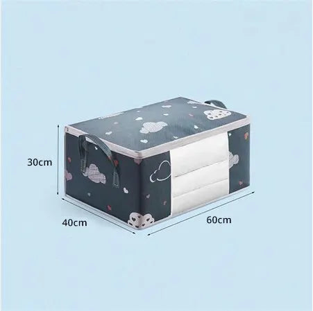 A rectangular storage bag with a zipper is shown, featuring a dark gray fabric pattern and multiple stacked white layers.