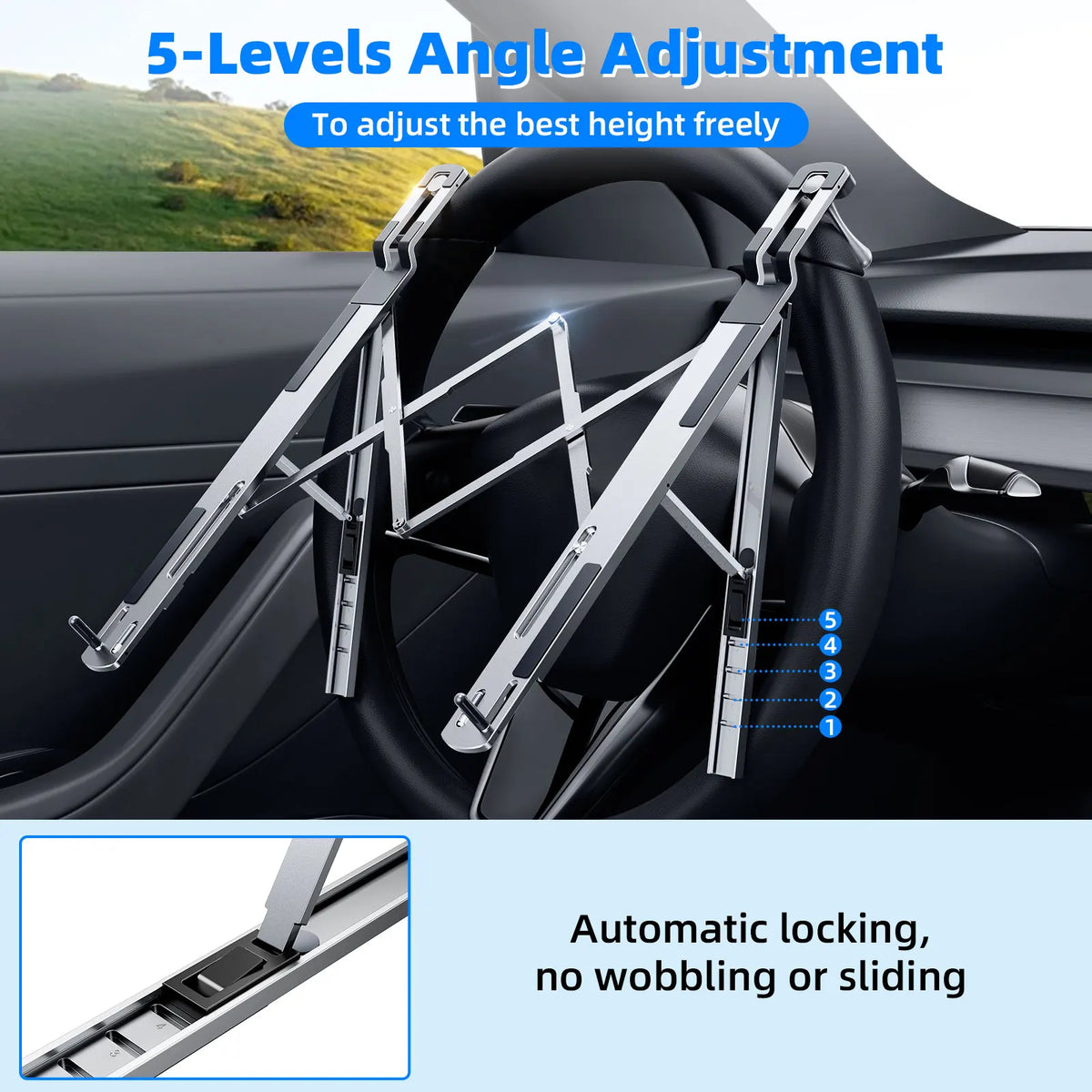 A foldable aluminum laptop stand is shown adjusting the height of a device using five levels of angle adjustment on a car ste
