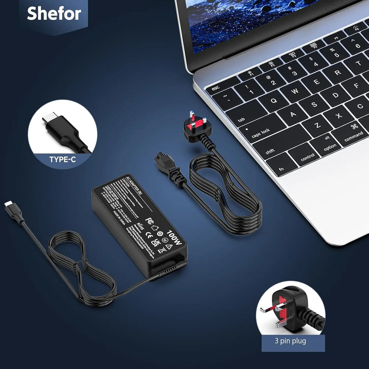 A Type-C fast charger cable and plug for laptops, shown next to a laptop keyboard.