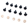 A collection of black safety noses with washers for stuffed animals and DIY crafts.