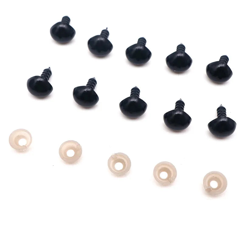A collection of black safety noses with washers for stuffed animals and DIY crafts.