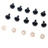 A collection of black safety noses with washers for stuffed animals and DIY crafts.