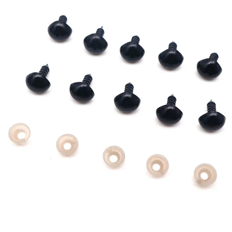 A collection of black safety noses with washers for stuffed animals and DIY crafts.