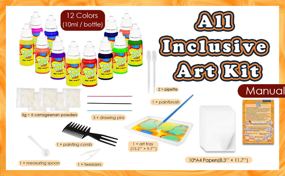 All Inclusive Art Kit featuring 12 colors of paint, brushes, pens, and various supplies for fluid art