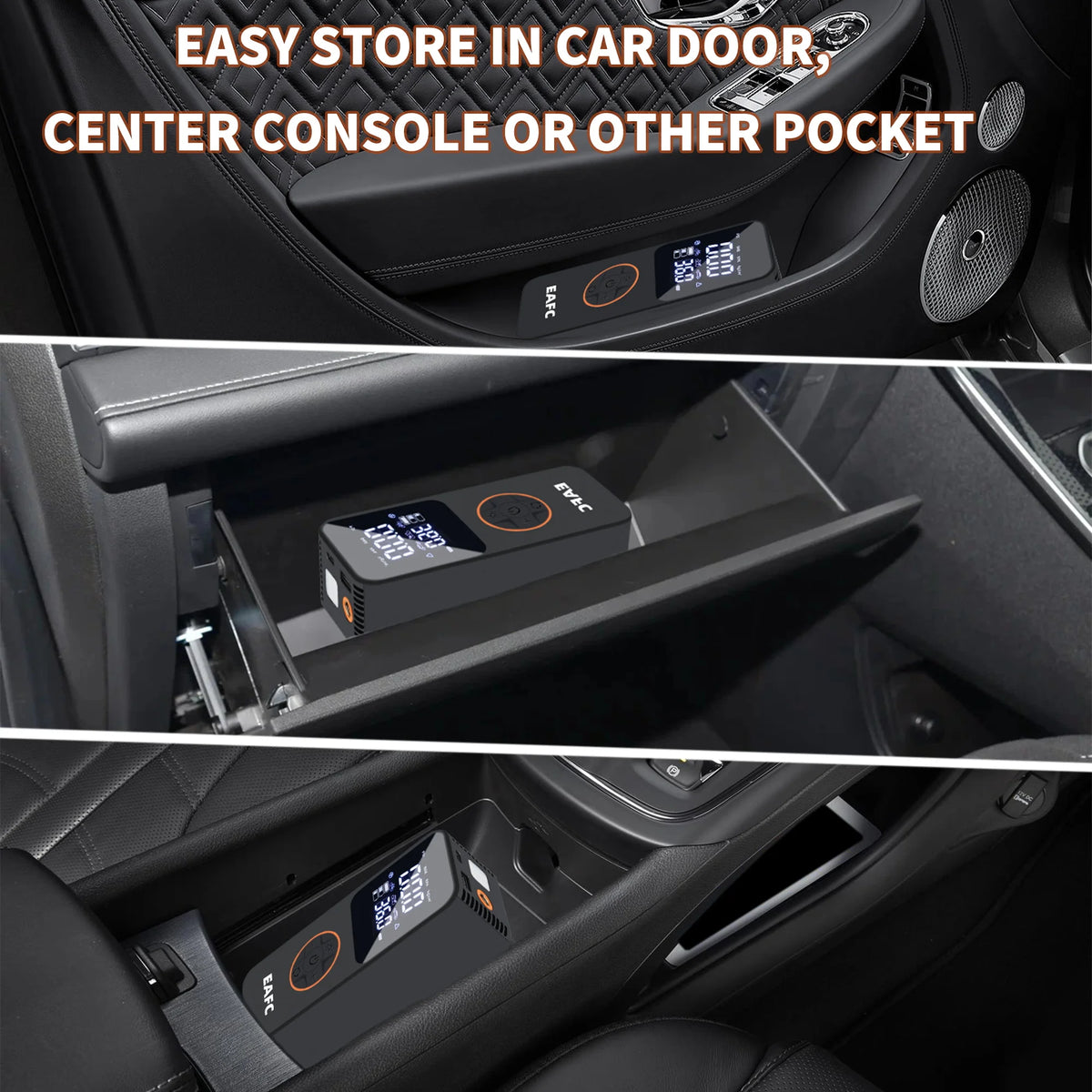 Portable dual-screen wireless air compressor for car tires shown in various storage locations inside a car