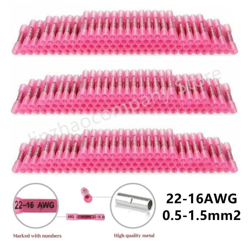 Pink insulated waterproof heat shrink butt connectors for 22-16 AWG wires
