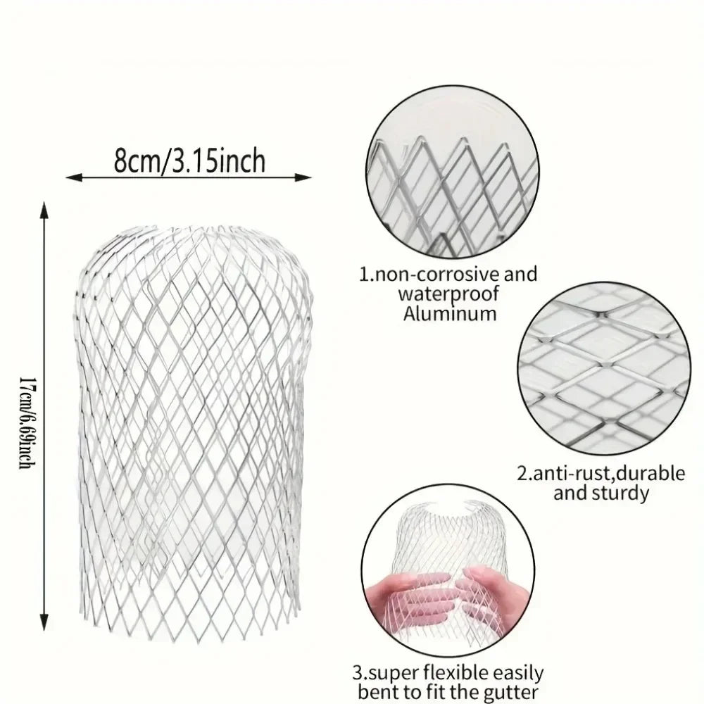 A silver aluminum gutter leaf guard mesh with a diamond pattern, showing its size and flexible design.