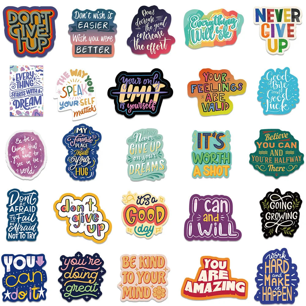 A pack of inspirational English quote stickers featuring various positive messages and affirmations.