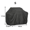 Black heavy-duty waterproof BBQ grill cover with dimensions 117cm high by 145cm long.