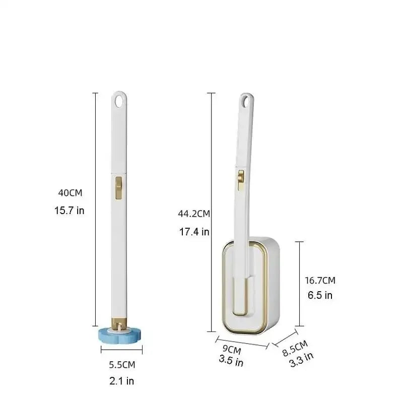 A white disposable toilet brush set with an automatic lid and replacement heads shown with dimensions.