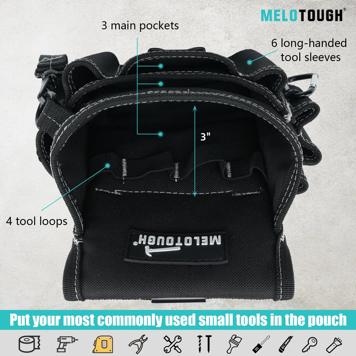 Black tool pouch with 3 main pockets, 6 long-handed tool sleeves, and 4 tool loops for small tools.