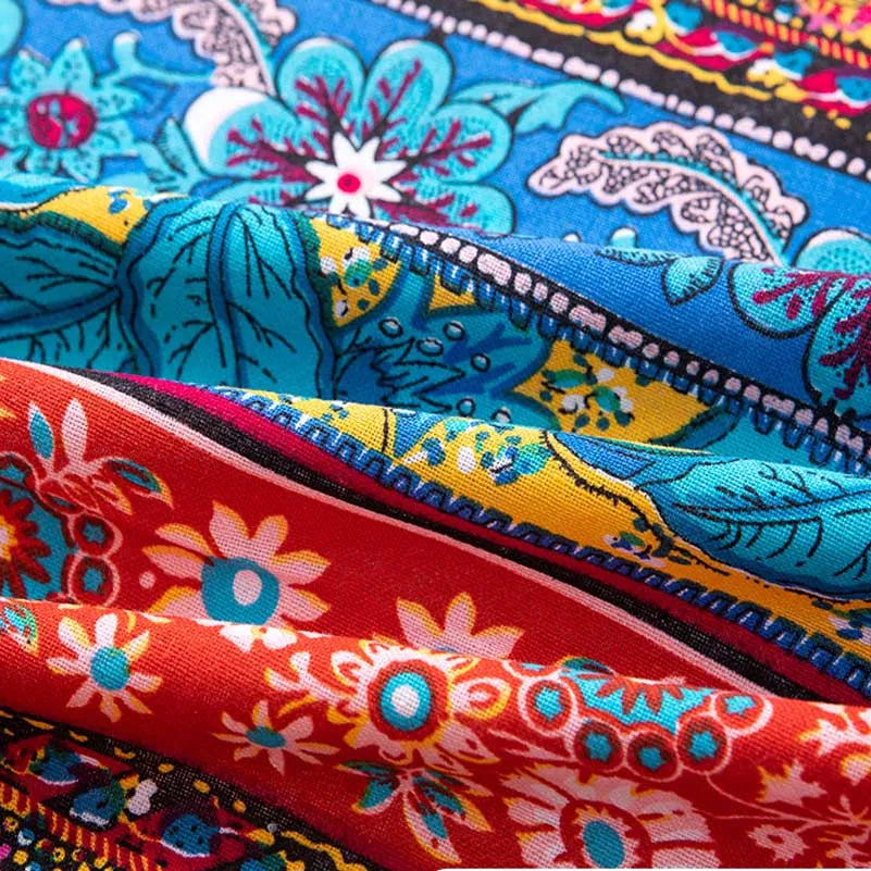 Bohemian Cotton Linen Fabric with Vintage Ethnic Print