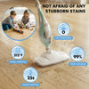 A handheld steam cleaner is shown with various features like deep cleaning, stain removal, rapid heating, and no chemicals.