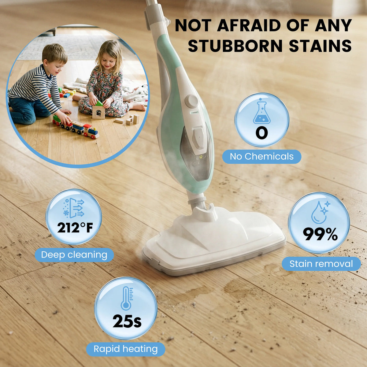A handheld steam cleaner is shown with various features like deep cleaning, stain removal, rapid heating, and no chemicals.