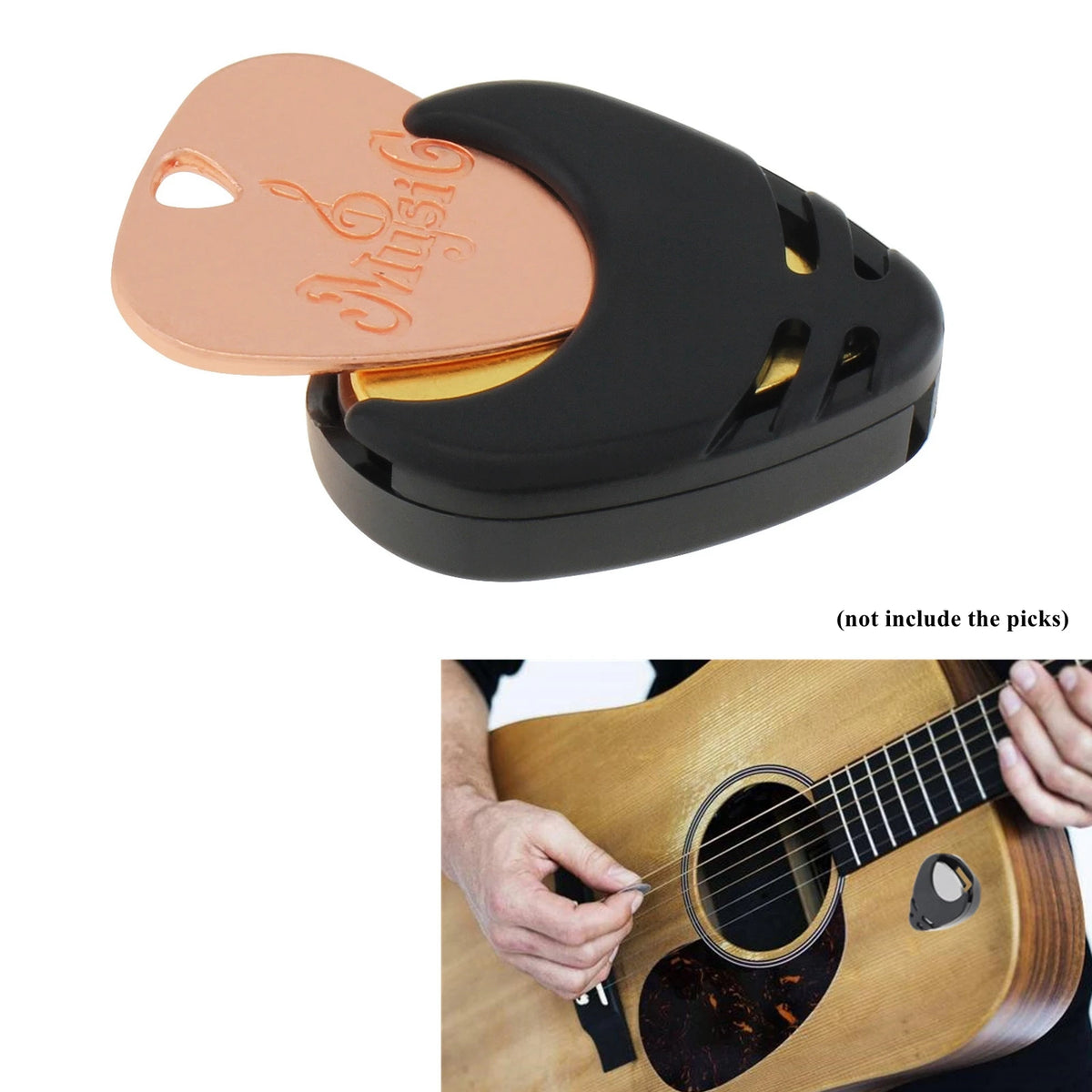 A pink and black adhesive guitar pick holder with a cutout for picks, shown next to an acoustic guitar.