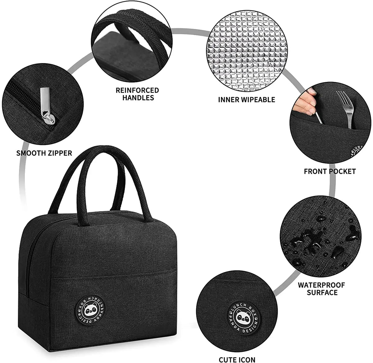 Black insulated lunch bag with reinforced handles, inner wipe, front pocket, waterproof surface, and cute icon.