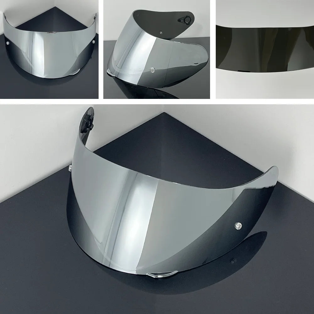 A replacement helmet visor with an anti-fog coating shown in multiple angles and finishes.
