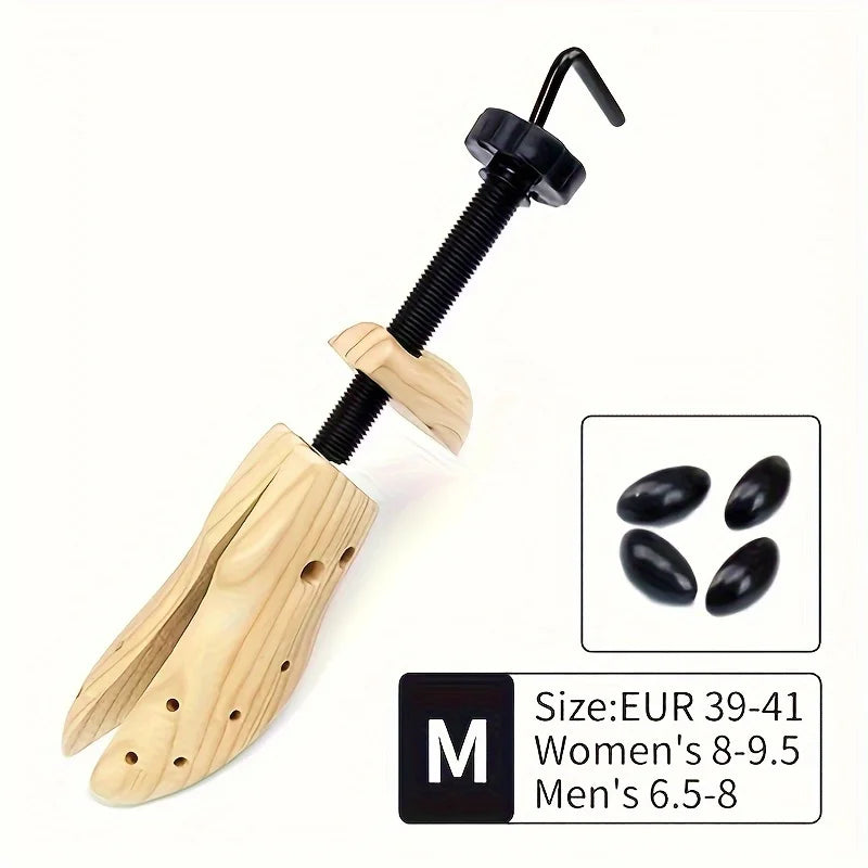 Adjustable wooden shoe stretcher tool with a black handle and wooden sole for men and women