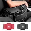 A black PU leather car armrest cover with a storage bag and a smartphone holder for Lexus models.