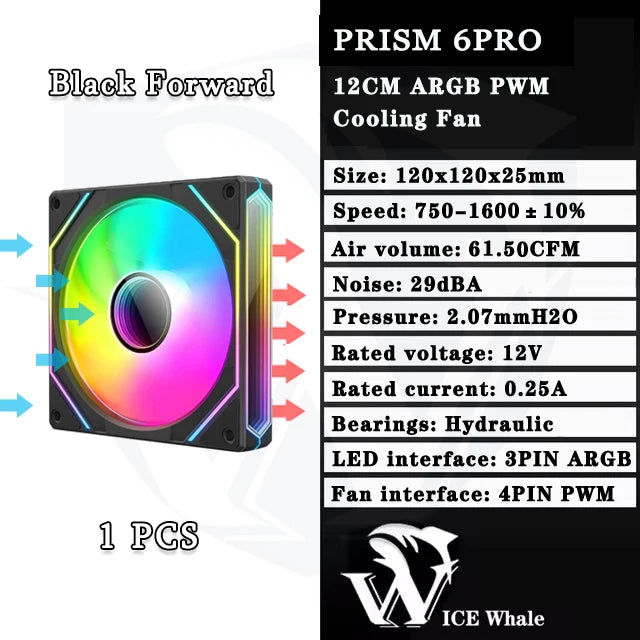 Schwarzer Prism 6PRO PC-Kühlventilator mit 12cm ARGB PWM und hydraulischen Lagern