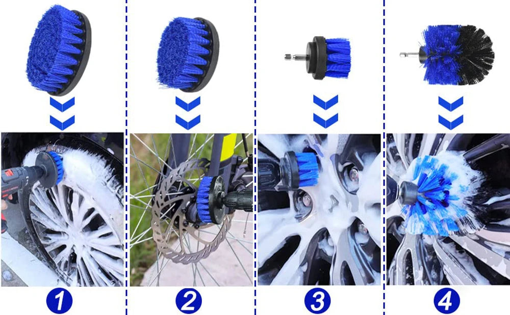 A 21-piece drill brush cleaning kit with extensions showing various applications for home and auto detailing.