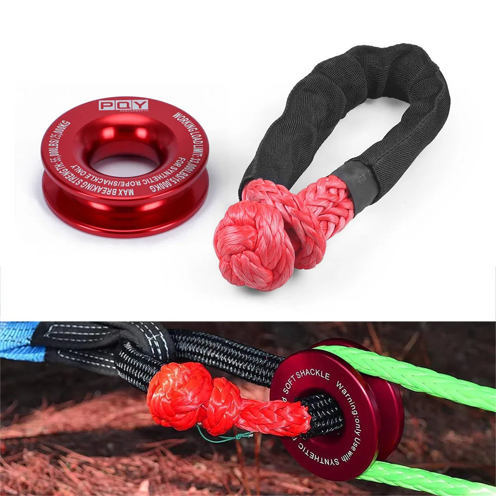 A set of a red recovery ring and black synthetic winch rope with a protective sleeve