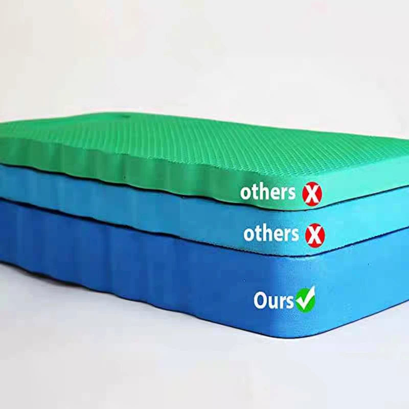 A stack of green and blue foam kneeling pads, labeled others and ours.