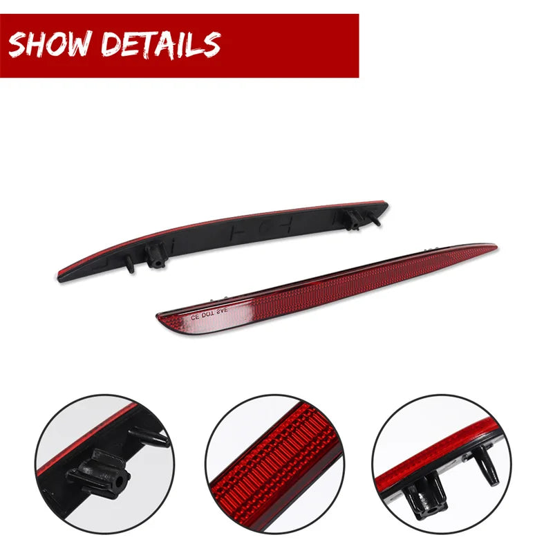 Close-up view of red reflector light covers for a Chrysler 300 rear bumper.