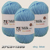 Three skeins of sky blue milk cotton yarn are displayed, showing the texture and labeling.