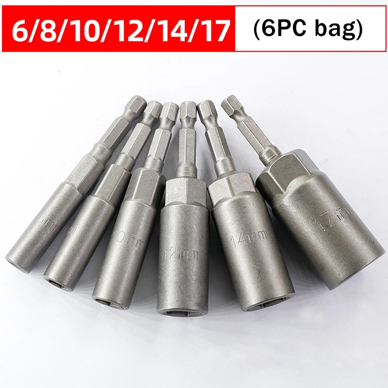 A set of stainless steel nut driver bits with various sizes ranging from 5.5 to 19mm are displayed on a white background.