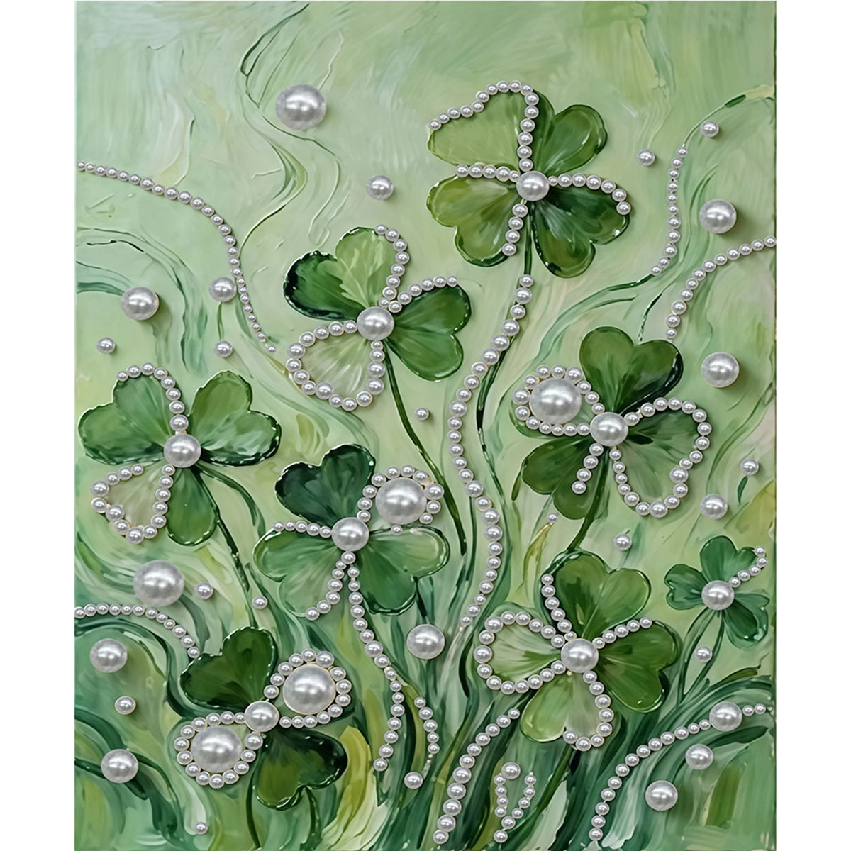 A textured wall decor painting featuring green foliage and white pearls on a light green background.