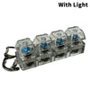 A set of clear acrylic LED mechanical keychain fidget toys with custom blue keycaps.