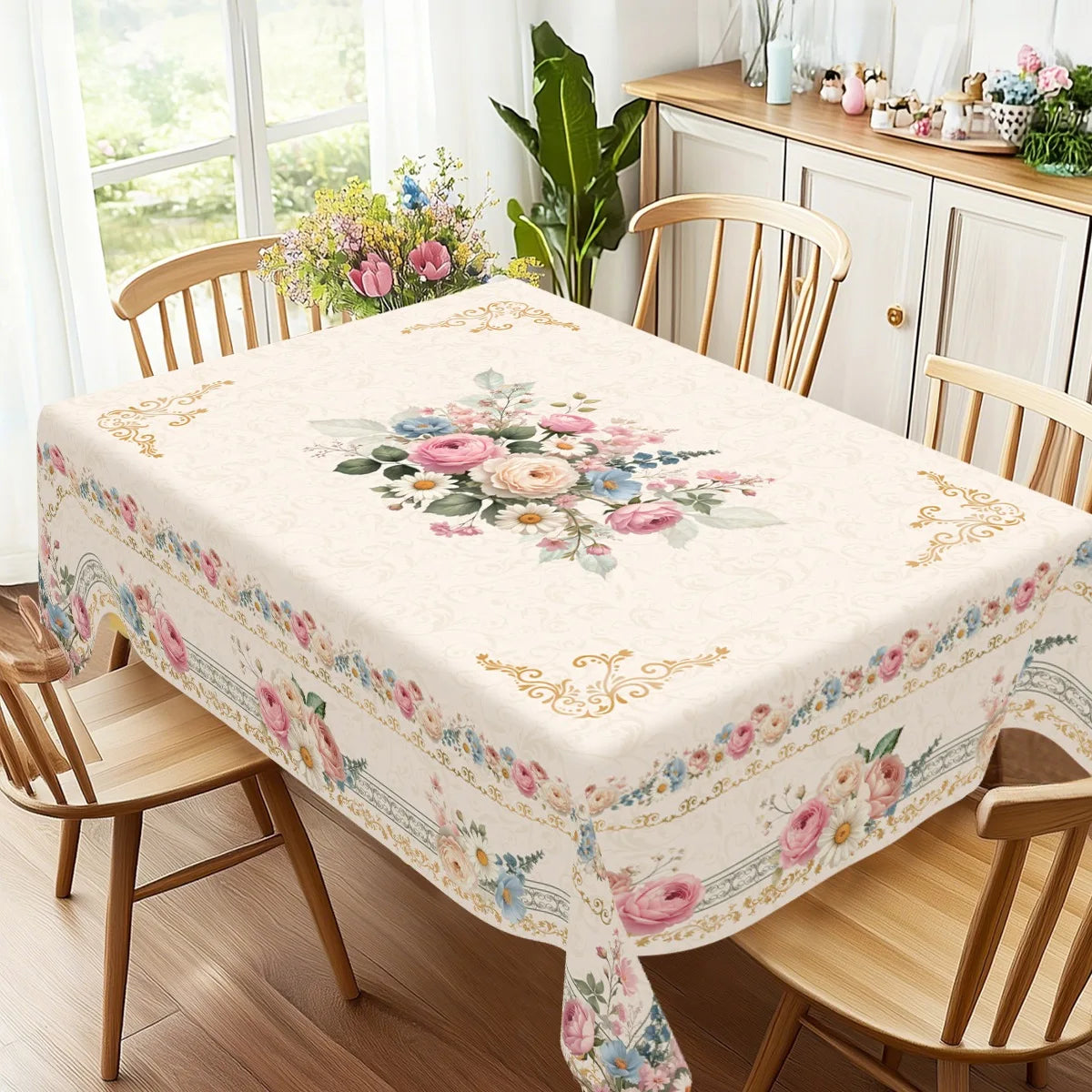 Vintage floral tablecloth spread on a wooden dining table with light wood chairs and greenery in the background