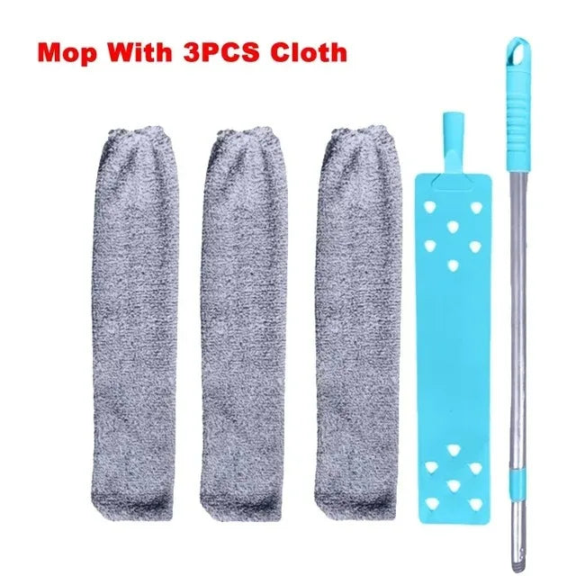 A mop with three pieces of cloth and an extendable telescopic handle.