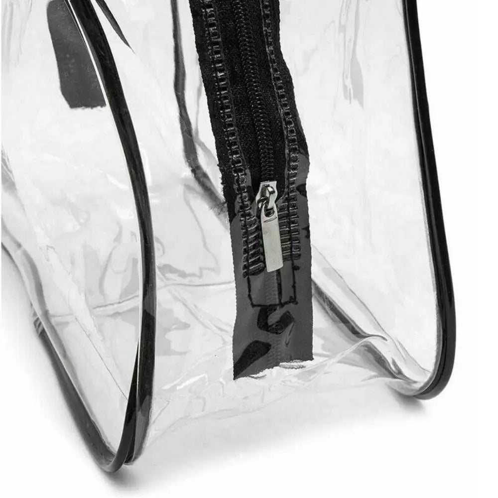 A clear tote bag with a black zipper detail is shown from the side.