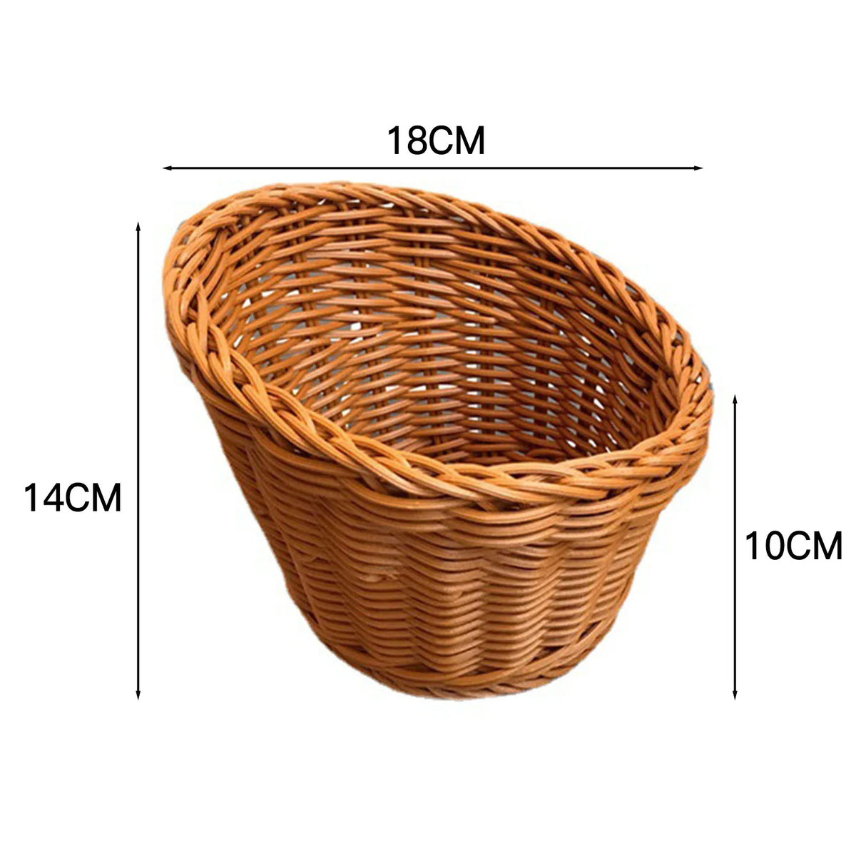 A round, handwoven wicker serving basket in a natural brown color with dimensions 18cm by 14cm.