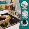A close-up of a kitchen sink faucet with a non-slip soap mat and a 2-piece detachable component.