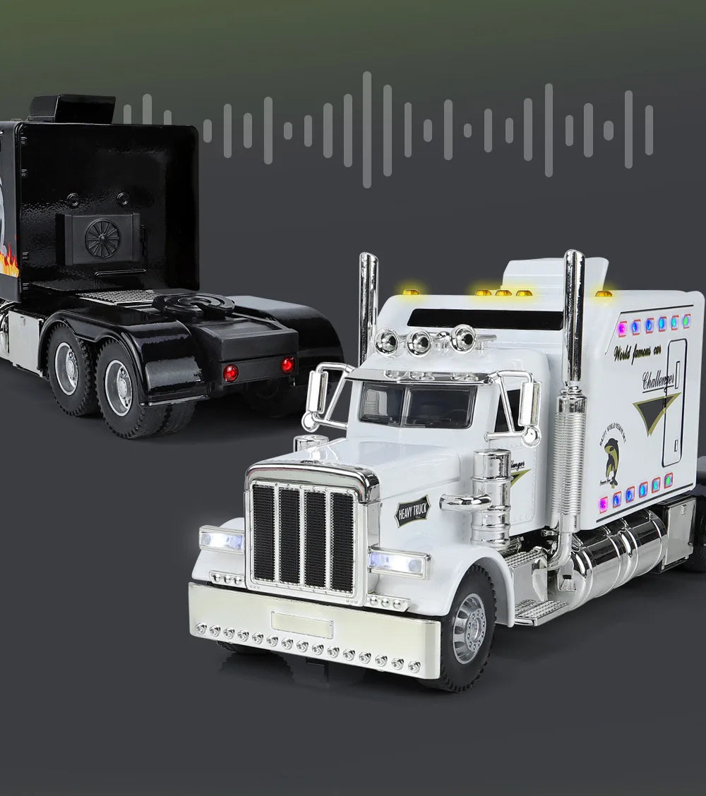 A white 1:24 scale diecast Peterbilt 389 heavy truck model with pull-back action, sound, and lights.