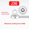 Silberner magnetischer Haken mit 36mm Durchmesser und M6-Aufhängungsringen, dargestellt in Relation zu einem Lineal.