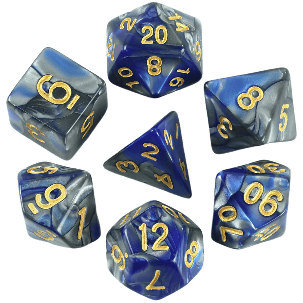 A set of seven polyhedral dice in various shades of blue and black glass