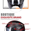 Black vintage open-face motorcycle helmet with a clear visor and red accents