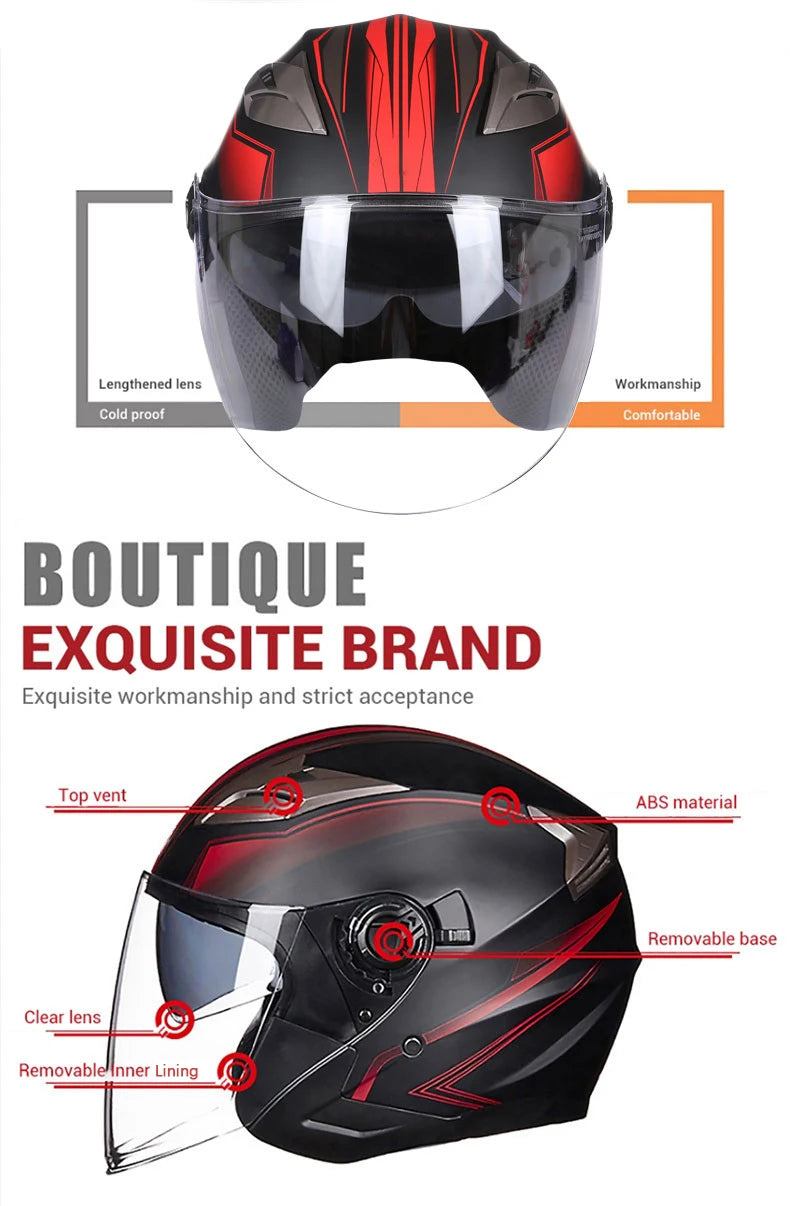 Black vintage open-face motorcycle helmet with a clear visor and red accents