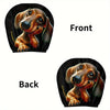 A set of two cute dachshund car headrest covers, showing the front and back views.