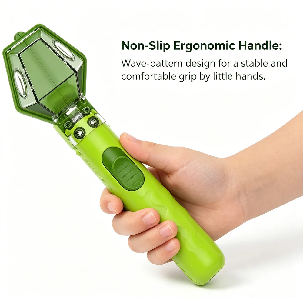 A hand holds a bright green non-slip ergonomic bug catcher and magnifying viewer for kids.