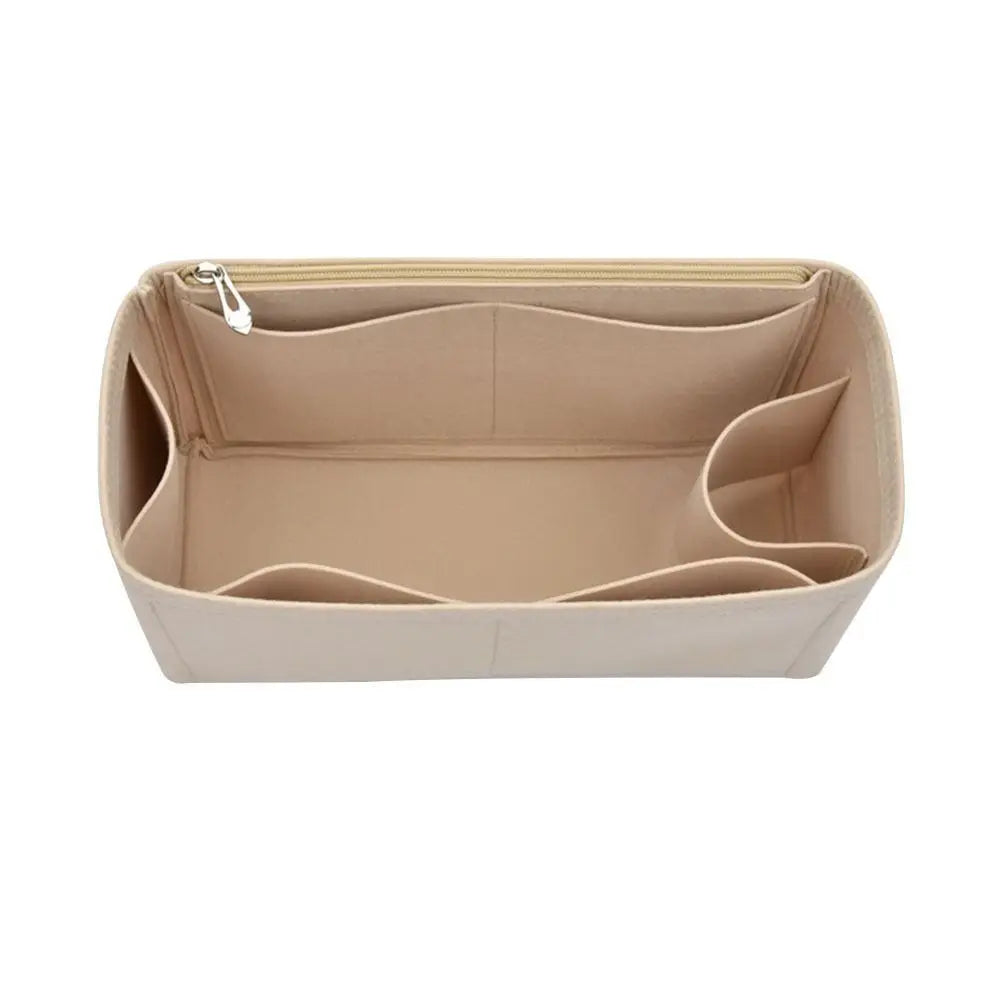 A light beige felt insert liner designed for handbags, showing internal compartments.