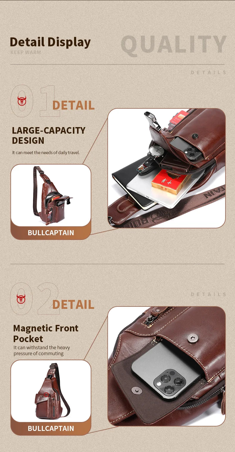 Men's Genuine Leather Sling Backpack with USB Charging Port